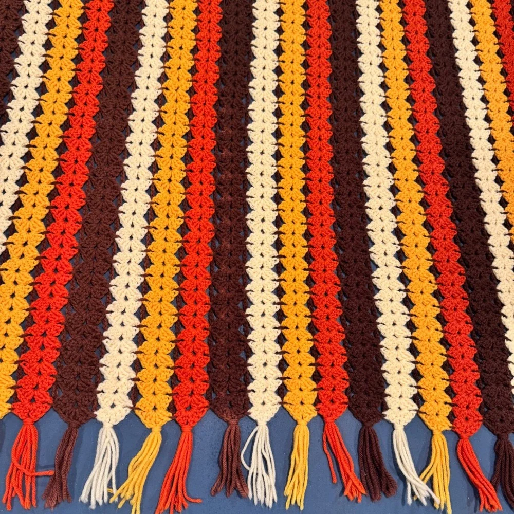 Vintage Handmade Vertical Striped Crochet Throw Blanket Retro‎ Tassels Flawed